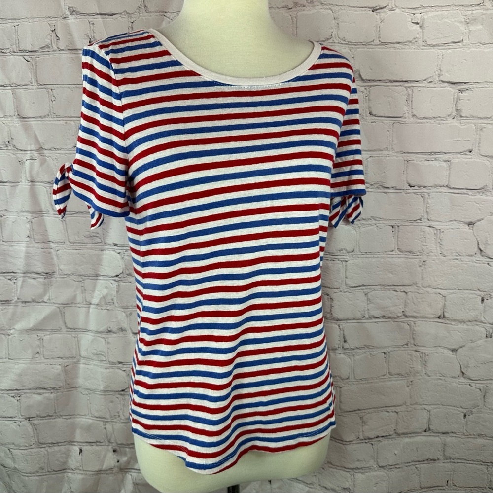 Talbots Striped tie Sleeve Tee nautical patriotic linen women S 4th of july USA